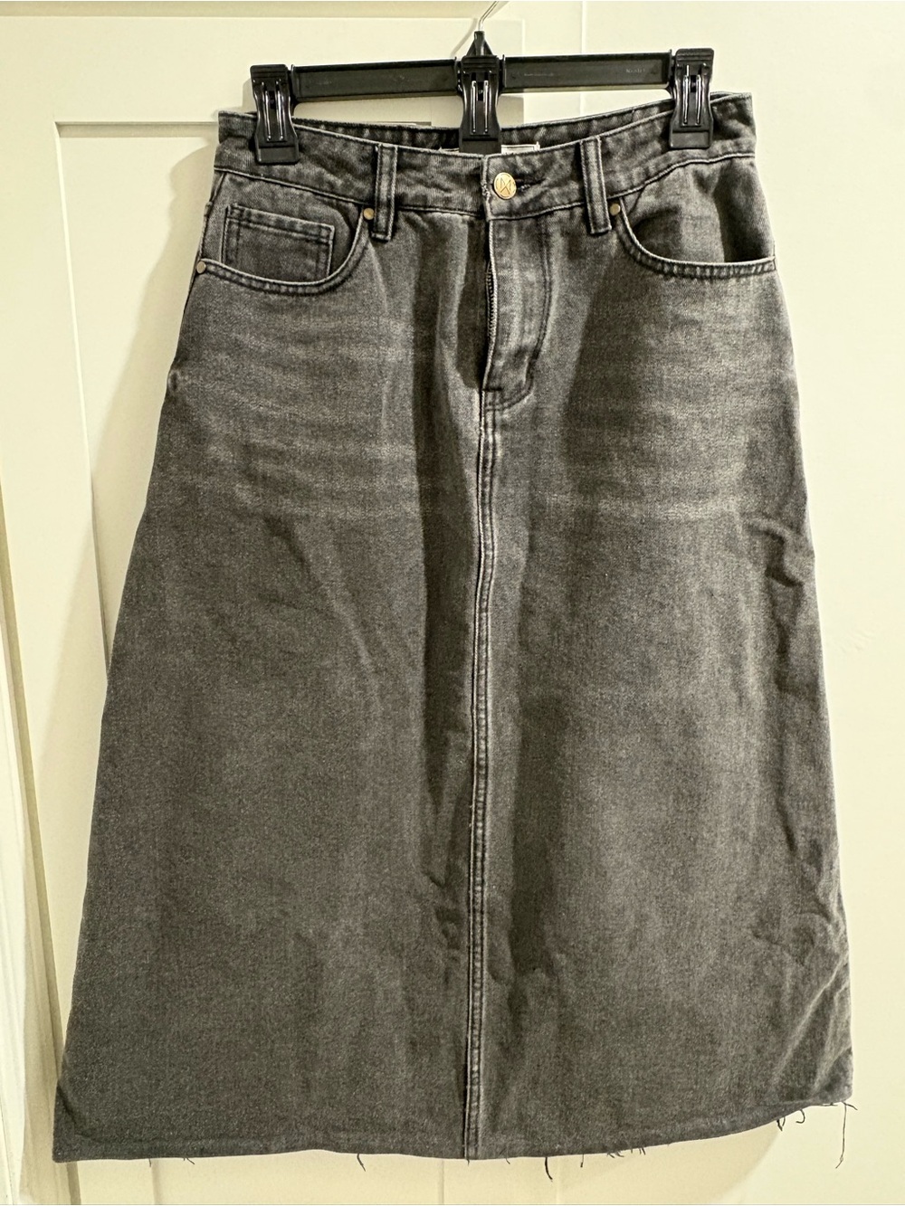 High-Waist Gray A-Line Denim Midi Skirt